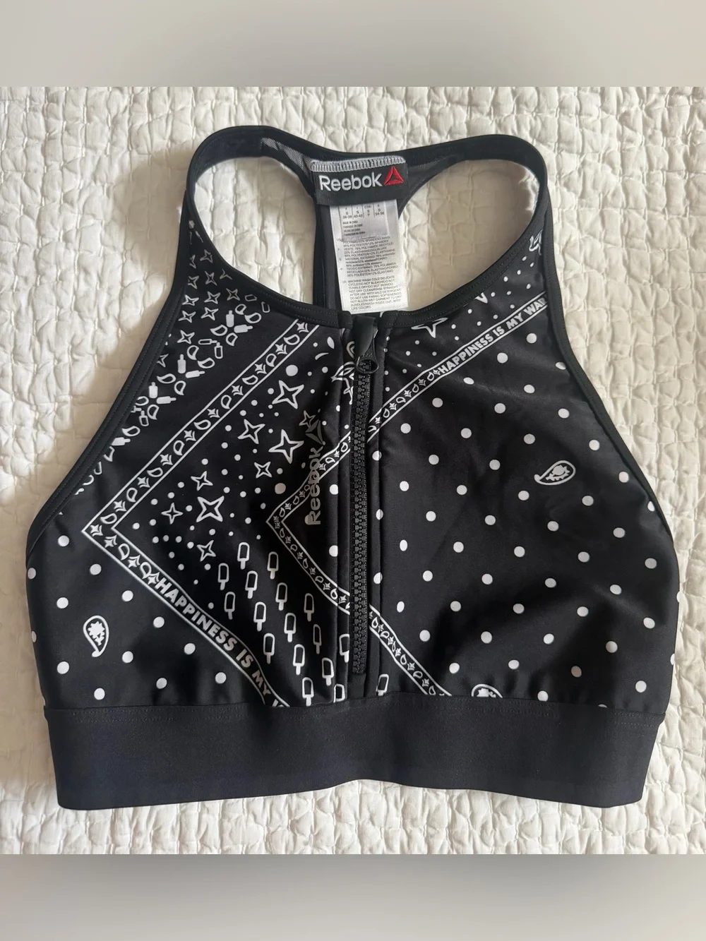 Reebok Black Sports Bra with White Bandana Print and Front Zip